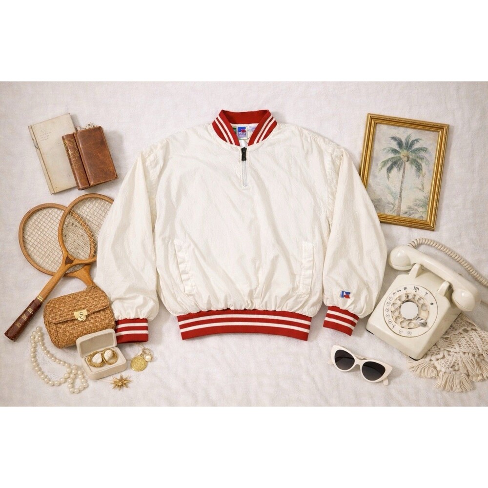 Vintage Russell Athletic Cream Nylon Pullover Jacket | Red Trim | Early 90s | L